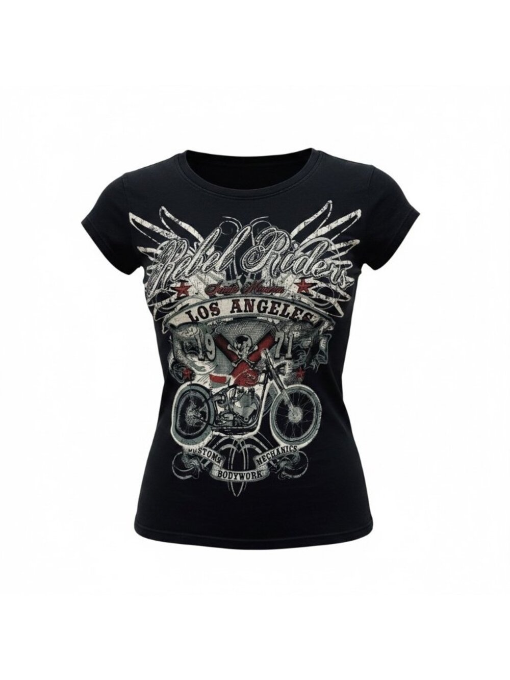 Vintage Black Baby T SMALL Rebel Riders Motorcycle Los Angeles Graphic Sparkle - Picture 1 of 9